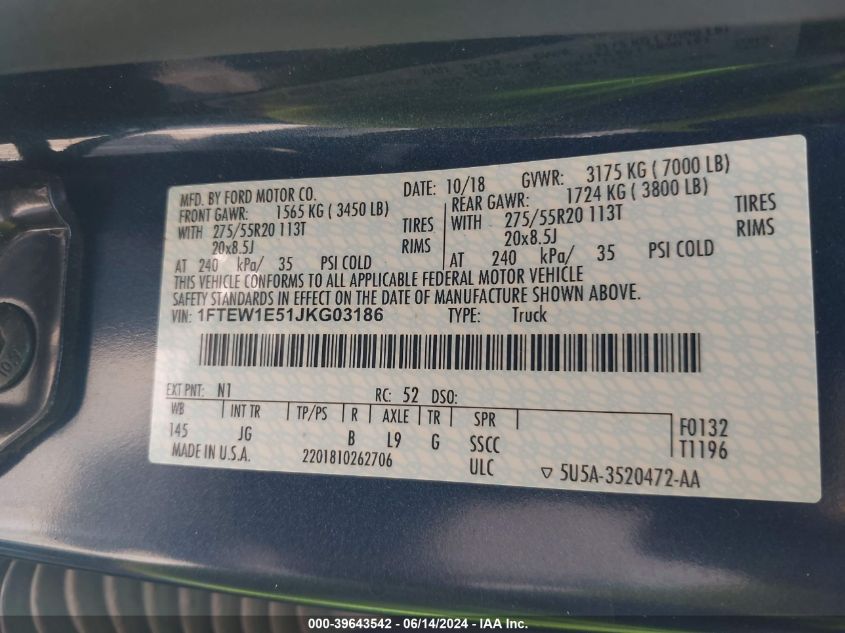 2018 Ford F-150 Xl VIN: 1FTEW1E51JKG03186 Lot: 39643542
