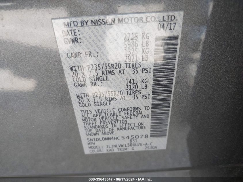 2017 Infiniti Qx60 VIN: 5N1DL0MM4HC545078 Lot: 39643547