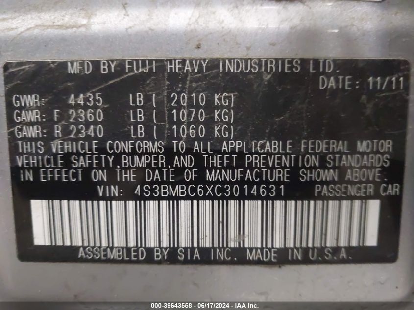 2012 Subaru Legacy 2.5I Premium VIN: 4S3BMBC6XC3014631 Lot: 39643558