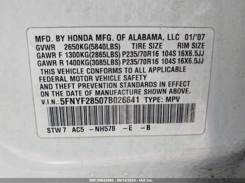 2007 Honda Pilot Ex-L VIN: 5FNYF28507B026641 Lot: 39643560