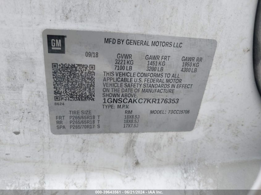 2019 Chevrolet Tahoe C1500 Ls VIN: 1GNSCAKC7KR176353 Lot: 39643561