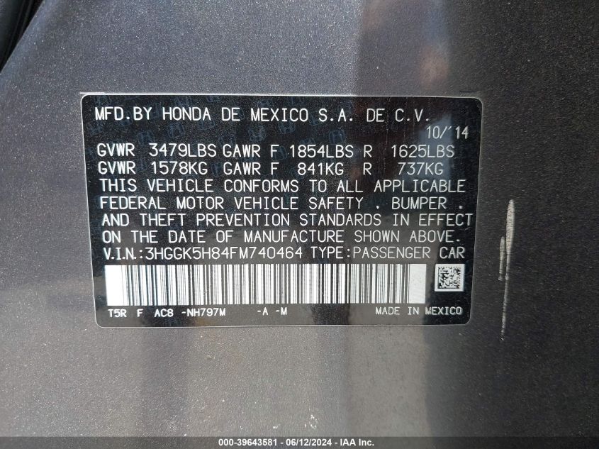 2015 Honda Fit Ex/Ex-L VIN: 3HGGK5H84FM740464 Lot: 39643581