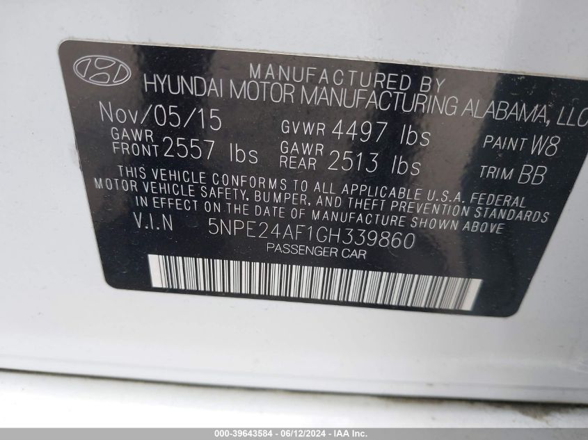 2016 Hyundai Sonata Se VIN: 5NPE24AF1GH339860 Lot: 39643584