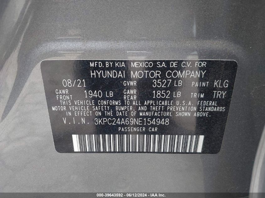 2022 Hyundai Accent Se VIN: 3KPC24A69NE154948 Lot: 39643592