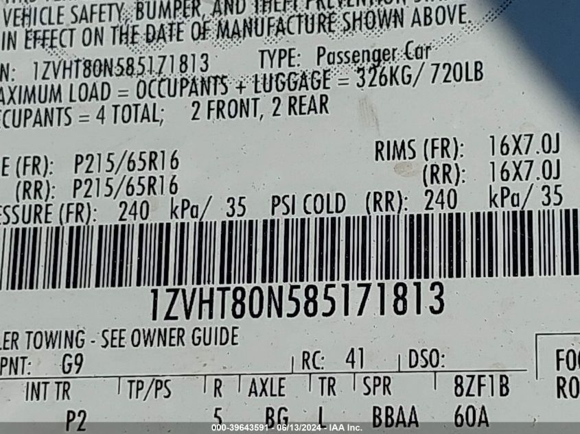 2008 Ford Mustang V6 Deluxe/V6 Premium VIN: 1ZVHT80N585171813 Lot: 39643591