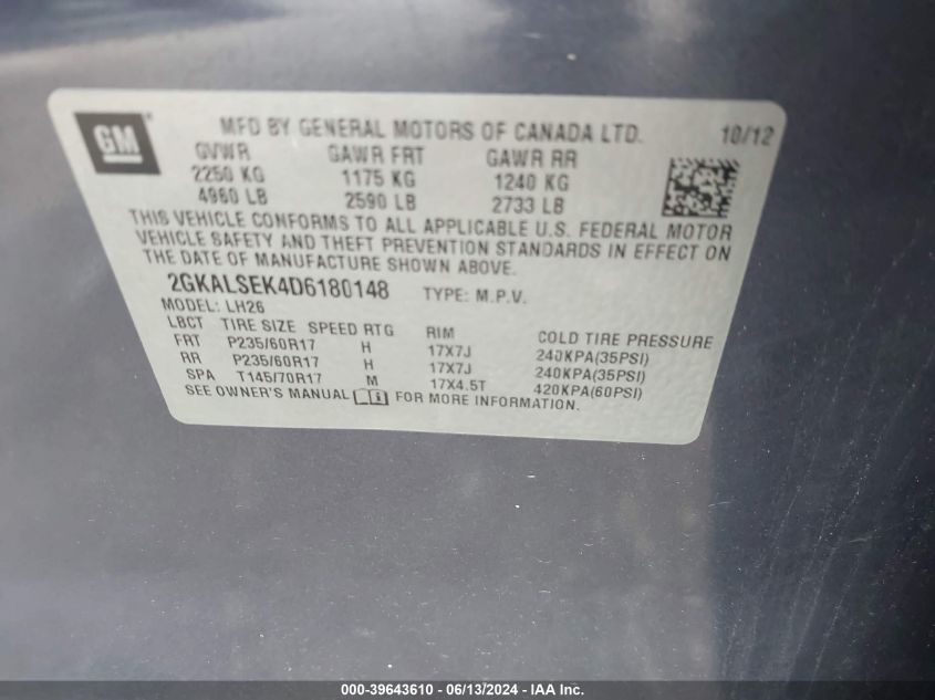 2013 GMC Terrain Sle-2 VIN: 2GKALSEK4D6180148 Lot: 39643610