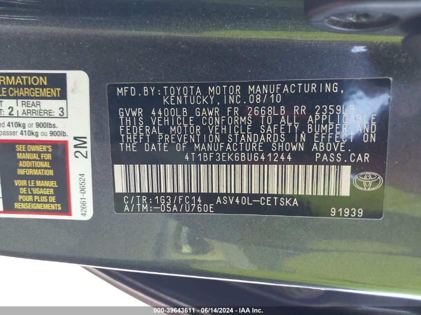 4T1BF3EK6BU641244 2011 Toyota Camry Se