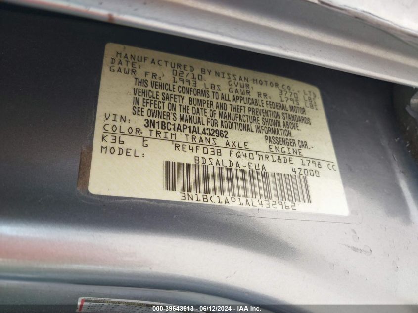 2010 Nissan Versa 1.8S VIN: 3N1BC1AP1AL432962 Lot: 39643613