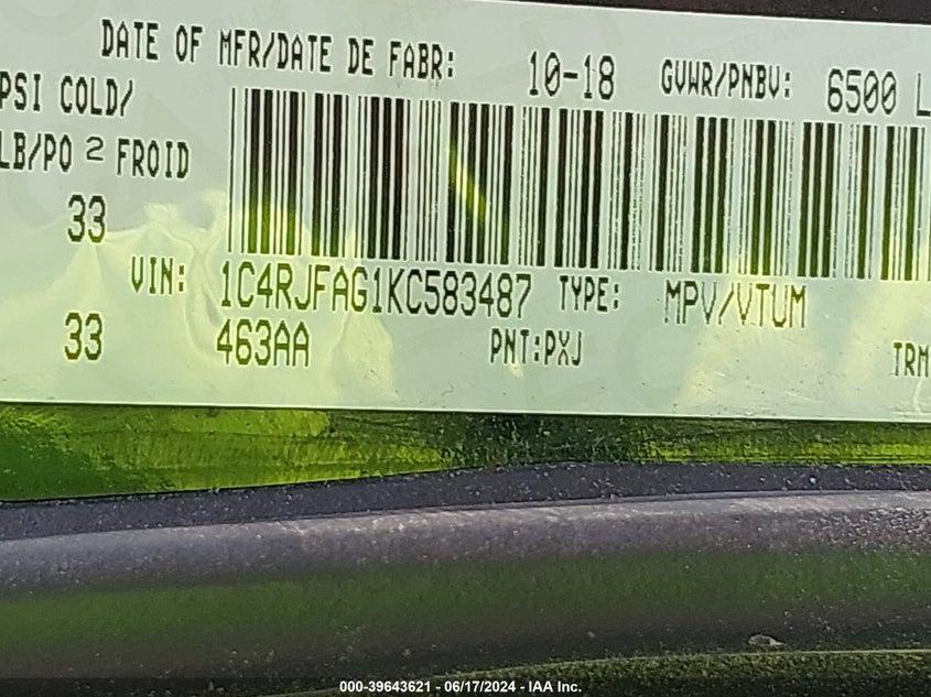 2019 Jeep Grand Cherokee Laredo VIN: 1C4RJFAG1KC583487 Lot: 39643621