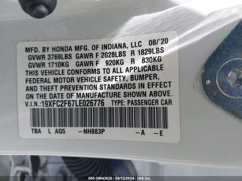 2020 Honda Civic Lx VIN: 19XFC2F67LE026776 Lot: 39643626