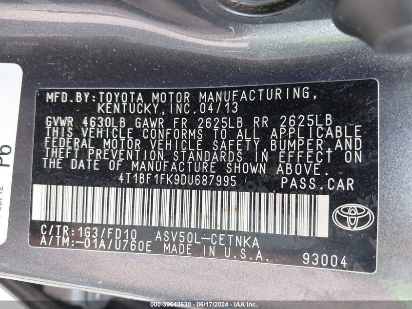 2013 Toyota Camry Le VIN: 4T1BF1FK9DU687995 Lot: 39643630