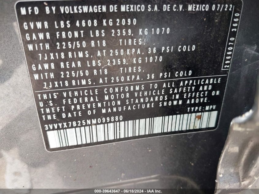 2022 Volkswagen Taos 1.5T Se VIN: 3VVYX7B25NM099880 Lot: 39643647