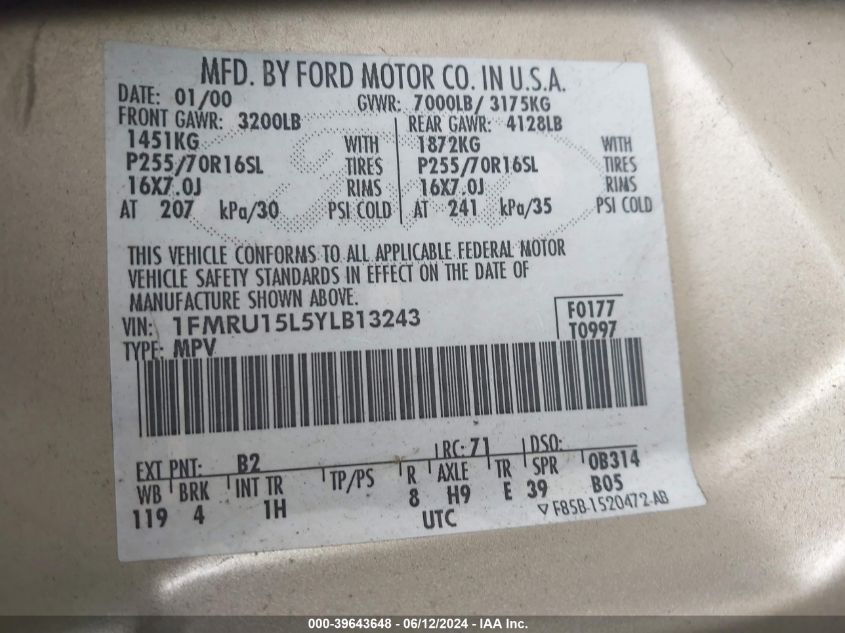 2000 Ford Expedition Xlt VIN: 1FMRU15L5YLB13243 Lot: 39643648