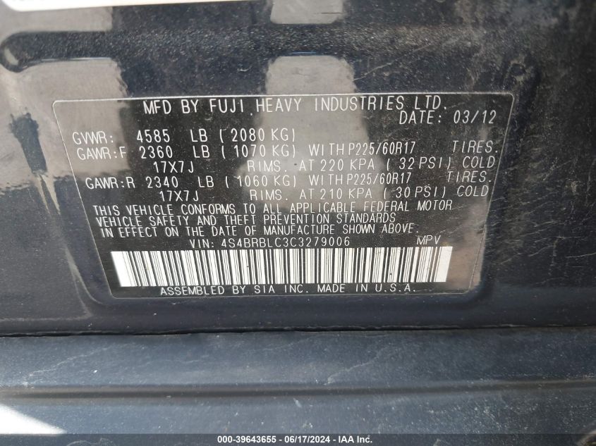 2012 Subaru Outback 2.5I Limited VIN: 4S4BRBLC3C3279006 Lot: 39643655