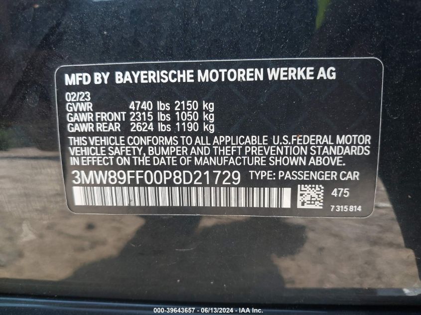 2023 BMW 330I xDrive VIN: 3MW89FF00P8D21729 Lot: 39643657