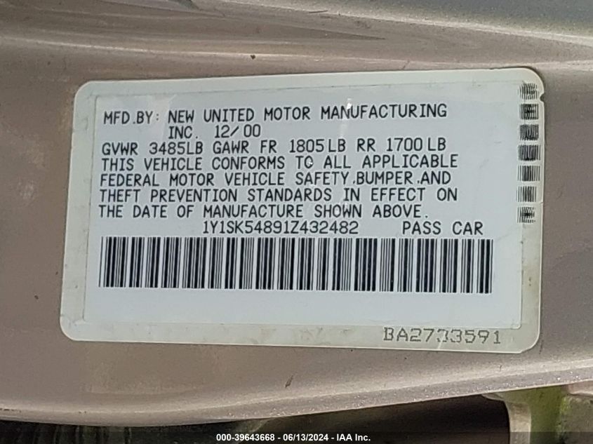 2001 Chevrolet Prizm VIN: 1Y1SK54891Z432482 Lot: 39643668