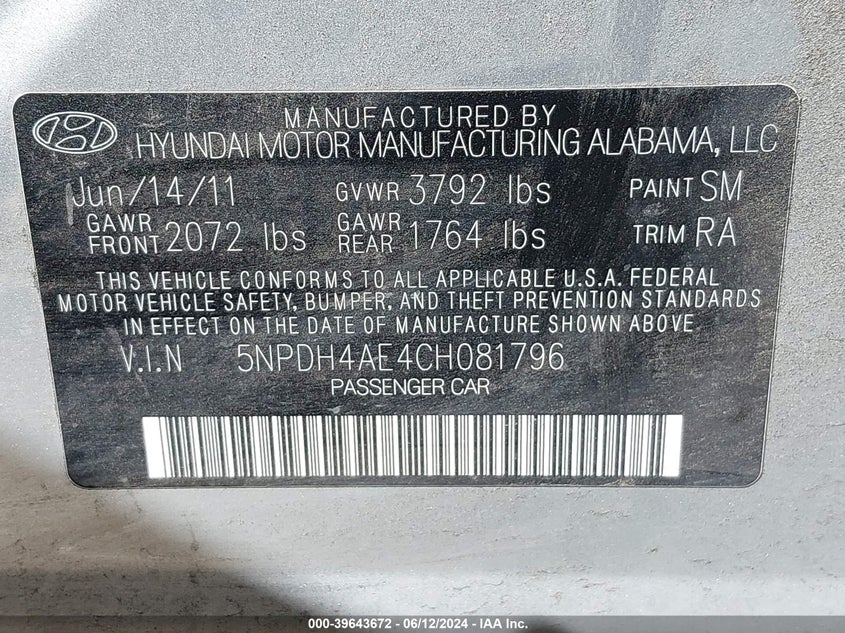 2012 Hyundai Elantra Limited VIN: 5NPDH4AE4CH081796 Lot: 39643672
