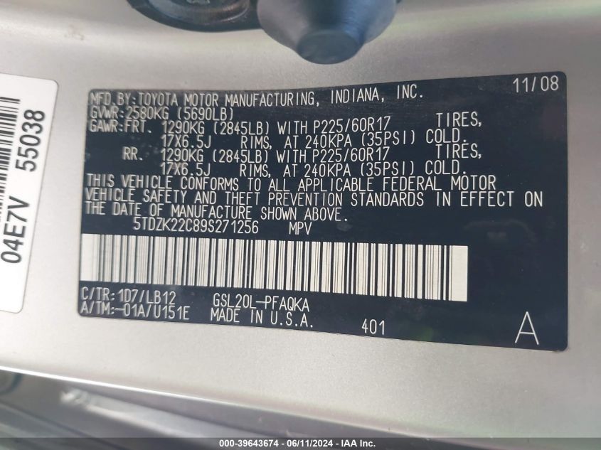 2009 Toyota Sienna Limited VIN: 5TDZK22C89S271256 Lot: 39643674