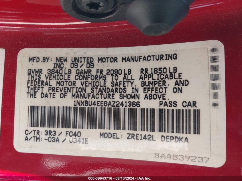 2010 Toyota Corolla Le VIN: 1NXBU4EE8AZ241366 Lot: 39643716