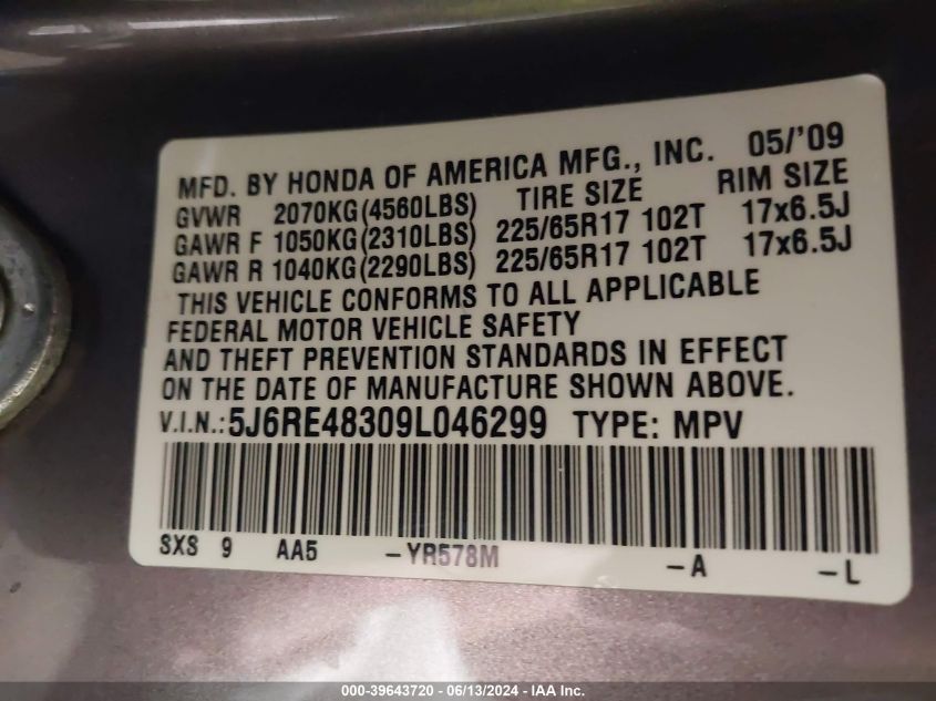 2009 Honda Cr-V Lx VIN: 5J6RE48309L046299 Lot: 39643720