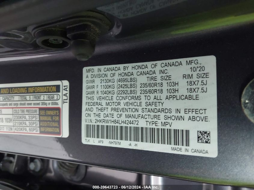 2020 Honda Cr-V 2Wd Ex-L VIN: 2HKRW1H84LH424472 Lot: 39643723