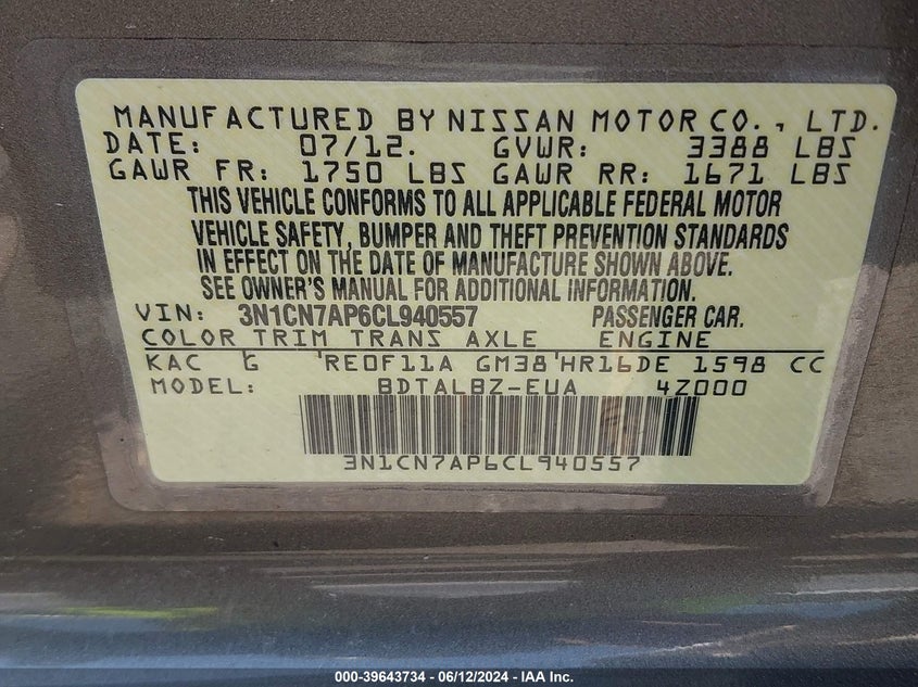 2012 Nissan Versa 1.6 Sv VIN: 3N1CN7AP6CL940557 Lot: 39643734