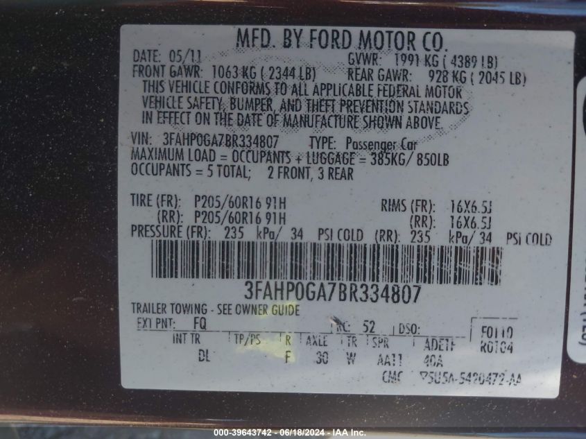 2011 Ford Fusion S VIN: 3FAHP0GA7BR334807 Lot: 39643742