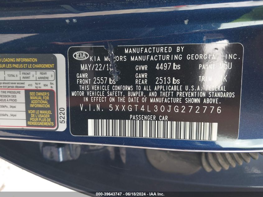 2018 Kia Optima Lx VIN: 5XXGT4L30JG272776 Lot: 39643747