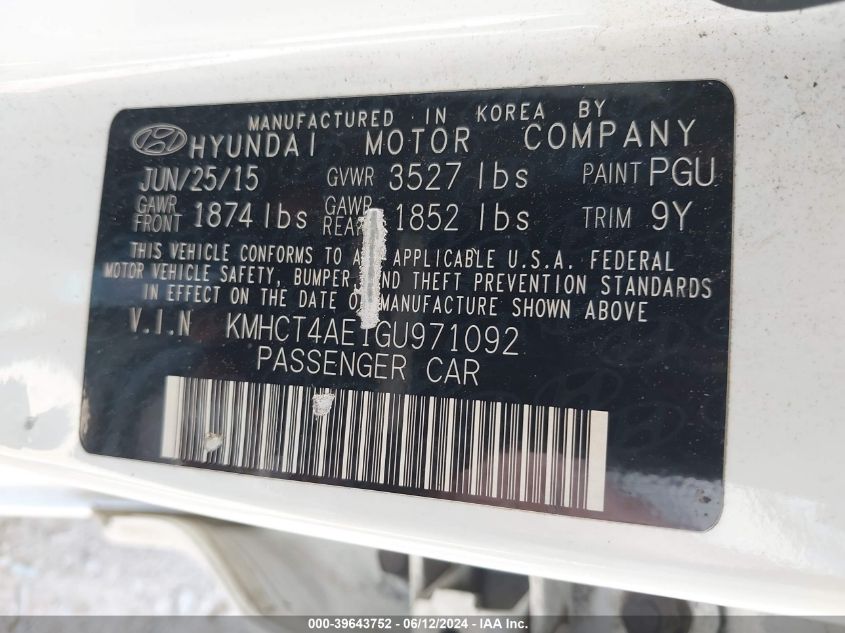 2016 Hyundai Accent Se VIN: KMHCT4AE1GU971092 Lot: 39643752