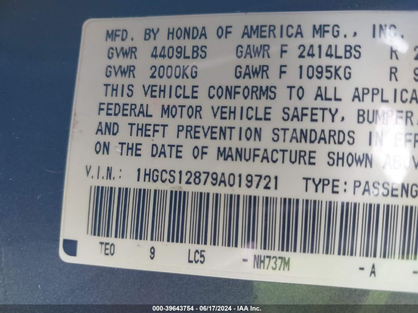 2009 Honda Accord 2.4 Ex-L VIN: 1HGCS12879A019721 Lot: 39643754