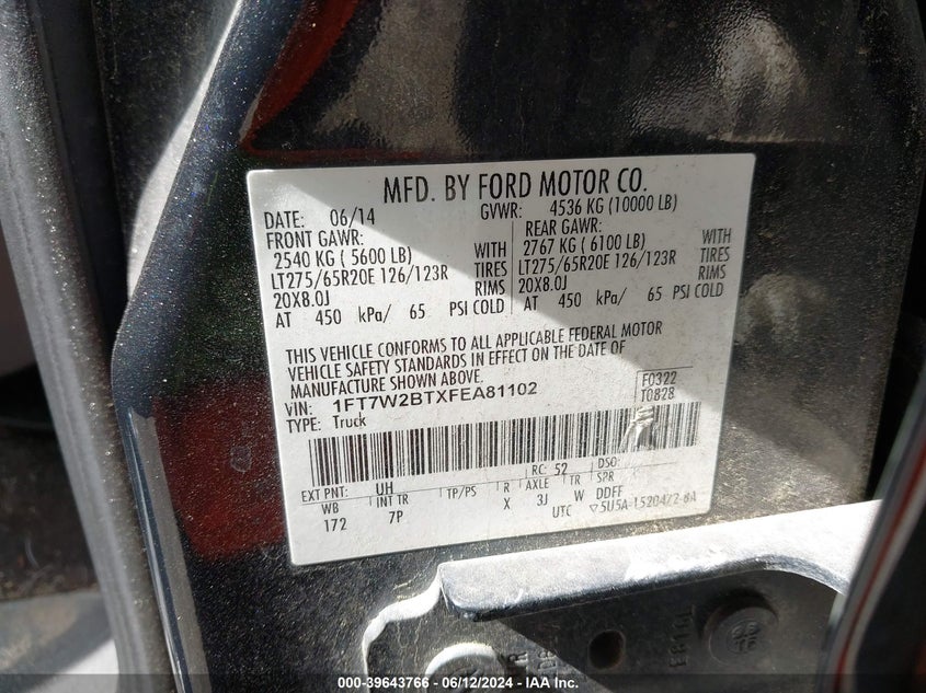 2015 Ford F-250 Lariat VIN: 1FT7W2BTXFEA81102 Lot: 39643766