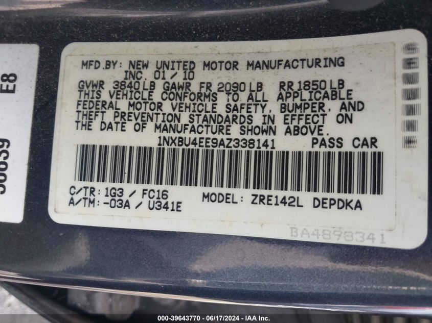 2010 Toyota Corolla Le VIN: 1NXBU4EE9AZ338141 Lot: 39643770