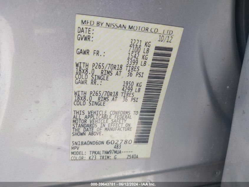 2013 Nissan Armada Sv VIN: 5N1BA0ND6DN602780 Lot: 39643781