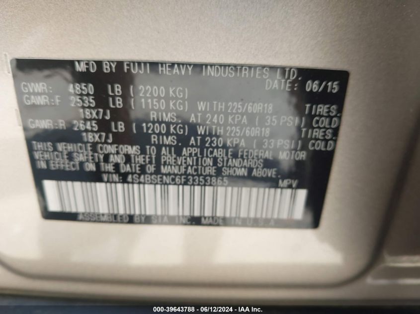 2015 Subaru Outback 3.6R Limited VIN: 4S4BSENC6F3353865 Lot: 39643788