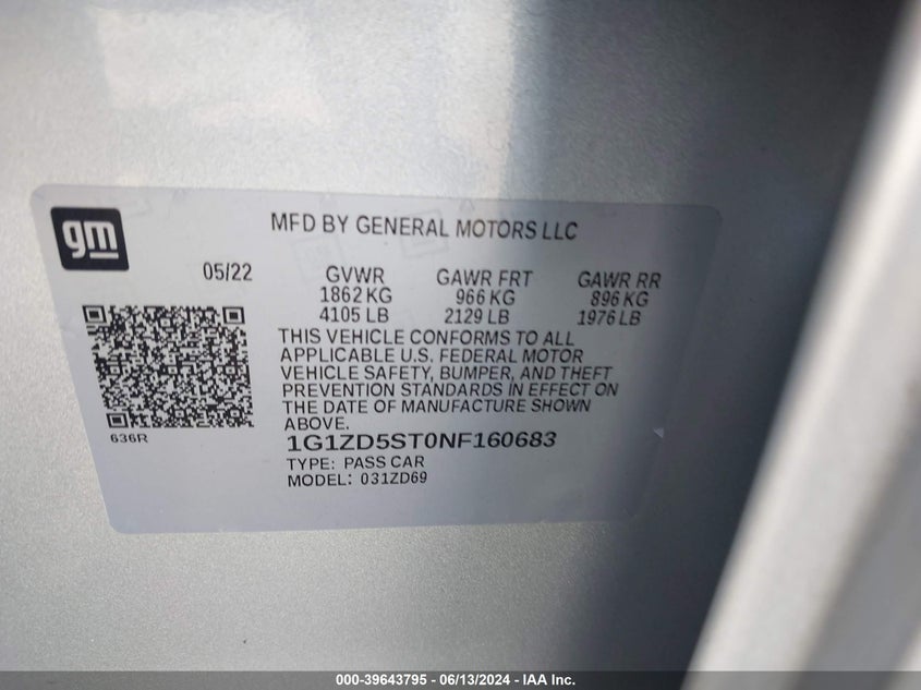 2022 Chevrolet Malibu Fwd Lt VIN: 1G1ZD5ST0NF160683 Lot: 39643795