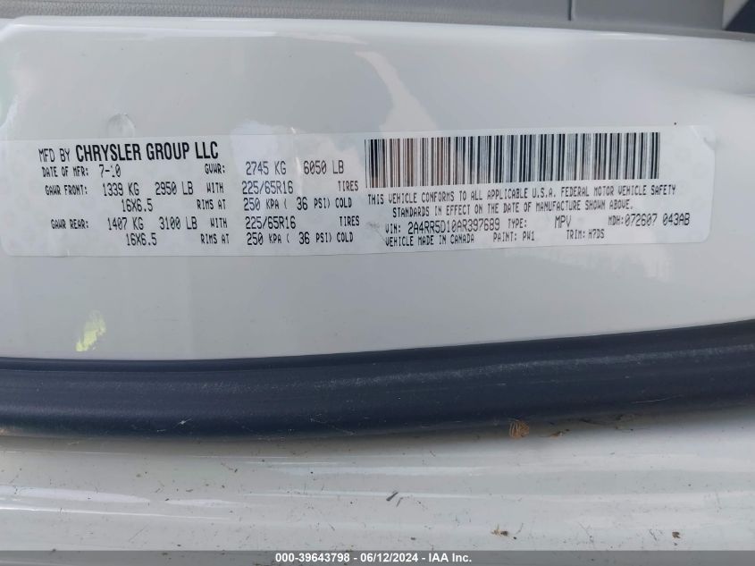 2010 Chrysler Town & Country Touring VIN: 2A4RR5D10AR397689 Lot: 39643798