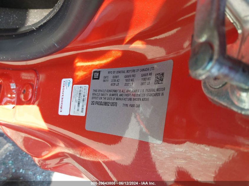 2011 Chevrolet Camaro 2Ss VIN: 2G1FK3DJ3B9210070 Lot: 39643805