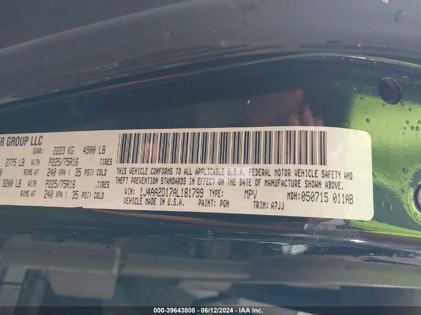 2010 Jeep Wrangler Sport VIN: 1J4AA2D17AL181799 Lot: 39643808