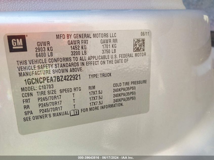 2011 Chevrolet Silverado 1500 Work Truck VIN: 1GCNCPEA7BZ422921 Lot: 39643816