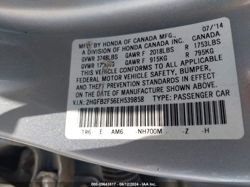 2HGFB2F56EH539858 2014 Honda Civic Lx