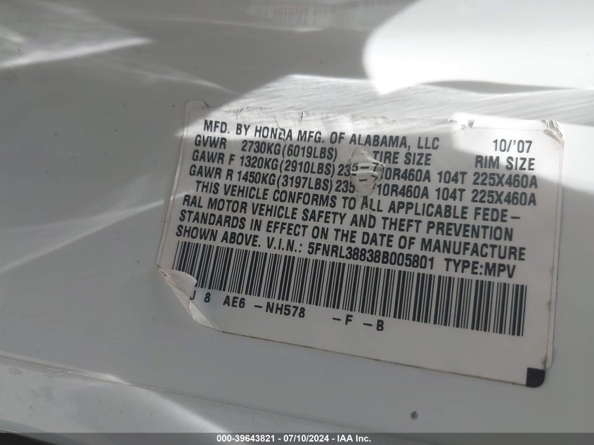 2008 Honda Odyssey Touring VIN: 5FNRL38838B005801 Lot: 39643821