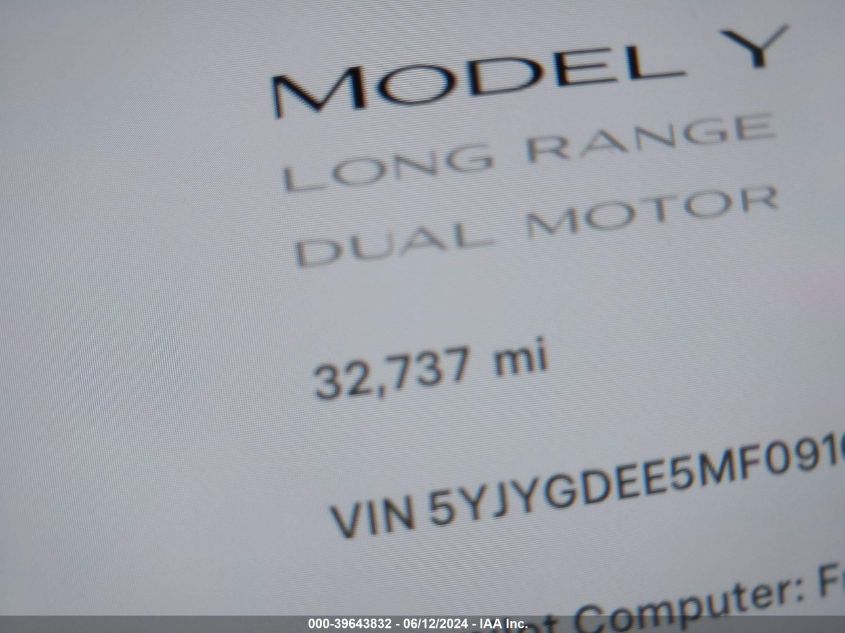 2021 Tesla Model Y Long Range Dual Motor All-Wheel Drive VIN: 5YJYGDEE5MF091638 Lot: 39643832