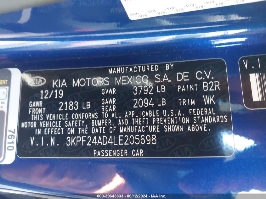 2020 Kia Forte Lxs VIN: 3KPF24AD4LE205698 Lot: 39643833