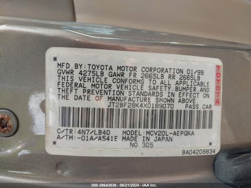 1999 Toyota Camry Xle V6 VIN: JT2BF28K4X0189070 Lot: 39643836