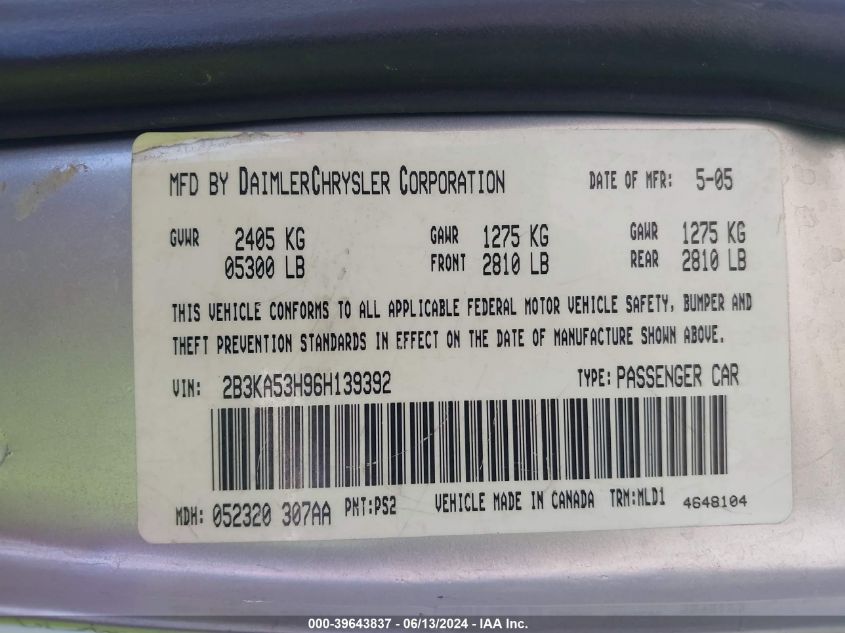 2006 Dodge Charger Rt VIN: 2B3KA53H96H139392 Lot: 39643837