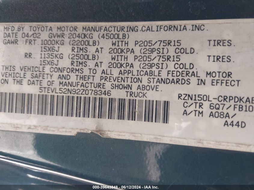 2002 Toyota Tacoma VIN: 5TEVL52N92Z078346 Lot: 39643848