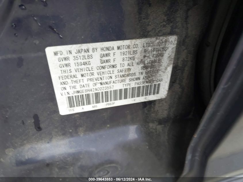 2010 Honda Fit Sport VIN: JHMGE8H42AC023557 Lot: 39643853