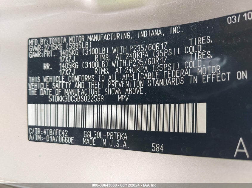 2011 Toyota Sienna Le V6 VIN: 5TDKK3DC5BS022598 Lot: 39643868