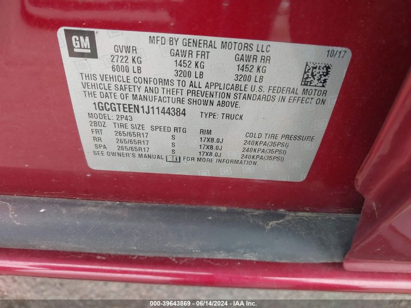 2018 Chevrolet Colorado Zr2 VIN: 1GCGTEEN1J1144384 Lot: 39643869