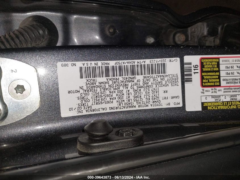 2010 Toyota Tacoma Base V6 VIN: 5TELU4EN4AZ735496 Lot: 39643873